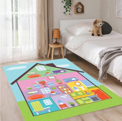 Kids Playroom Area Rug, Dollhouse Play Mat Carpet, Washable Non Slip Floor Rug, Colorful Educational House Design, Nursery Bedroom Decor