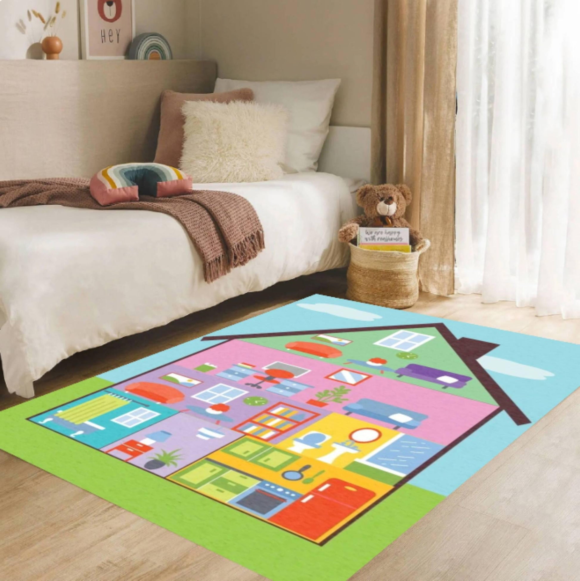 Kids Playroom Area Rug, Dollhouse Play Mat Carpet, Washable Non Slip Floor Rug, Colorful Educational House Design, Nursery Bedroom Decor
