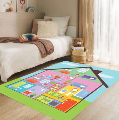Kids Playroom Area Rug, Dollhouse Play Mat Carpet, Washable Non Slip Floor Rug, Colorful Educational House Design, Nursery Bedroom Decor