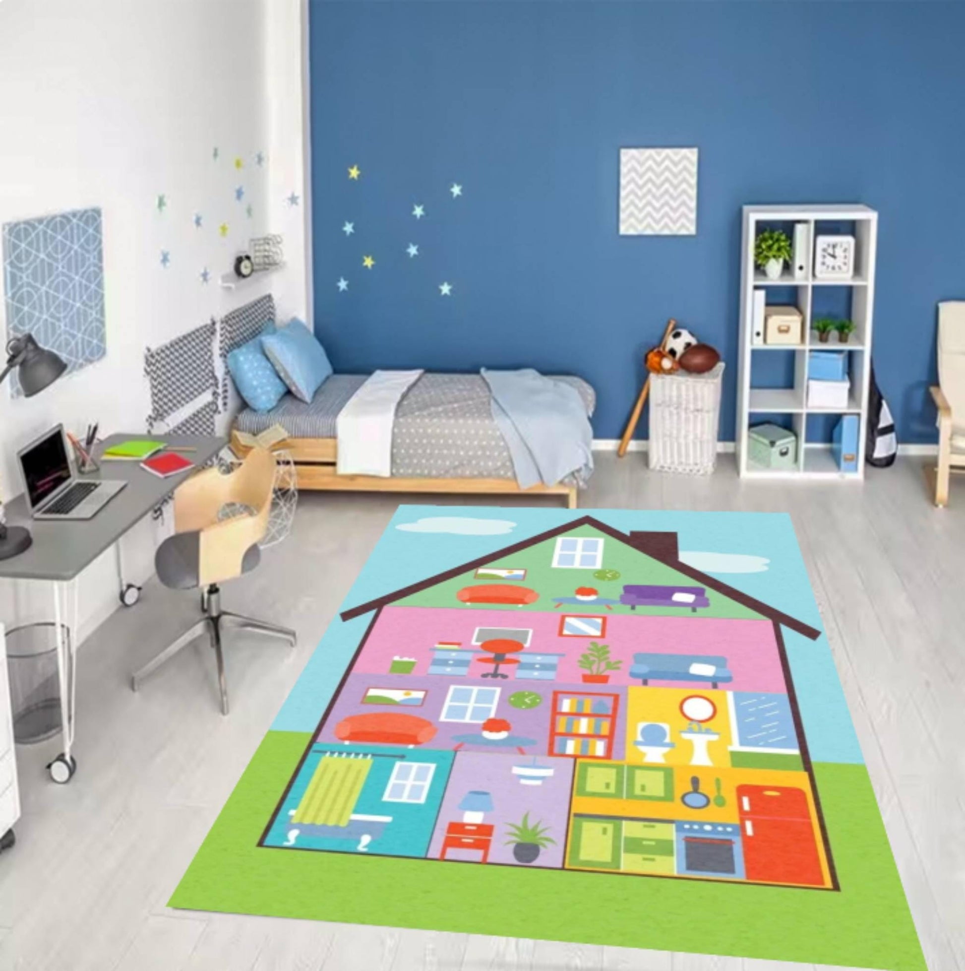 Kids Playroom Area Rug, Dollhouse Play Mat Carpet, Washable Non Slip Floor Rug, Colorful Educational House Design, Nursery Bedroom Decor