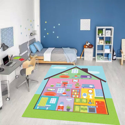Kids Playroom Area Rug, Dollhouse Play Mat Carpet, Washable Non Slip Floor Rug, Colorful Educational House Design, Nursery Bedroom Decor