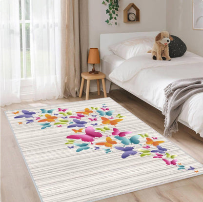 Colorful Butterfly Kids Rug - Washable Non-Slip Floor Rug