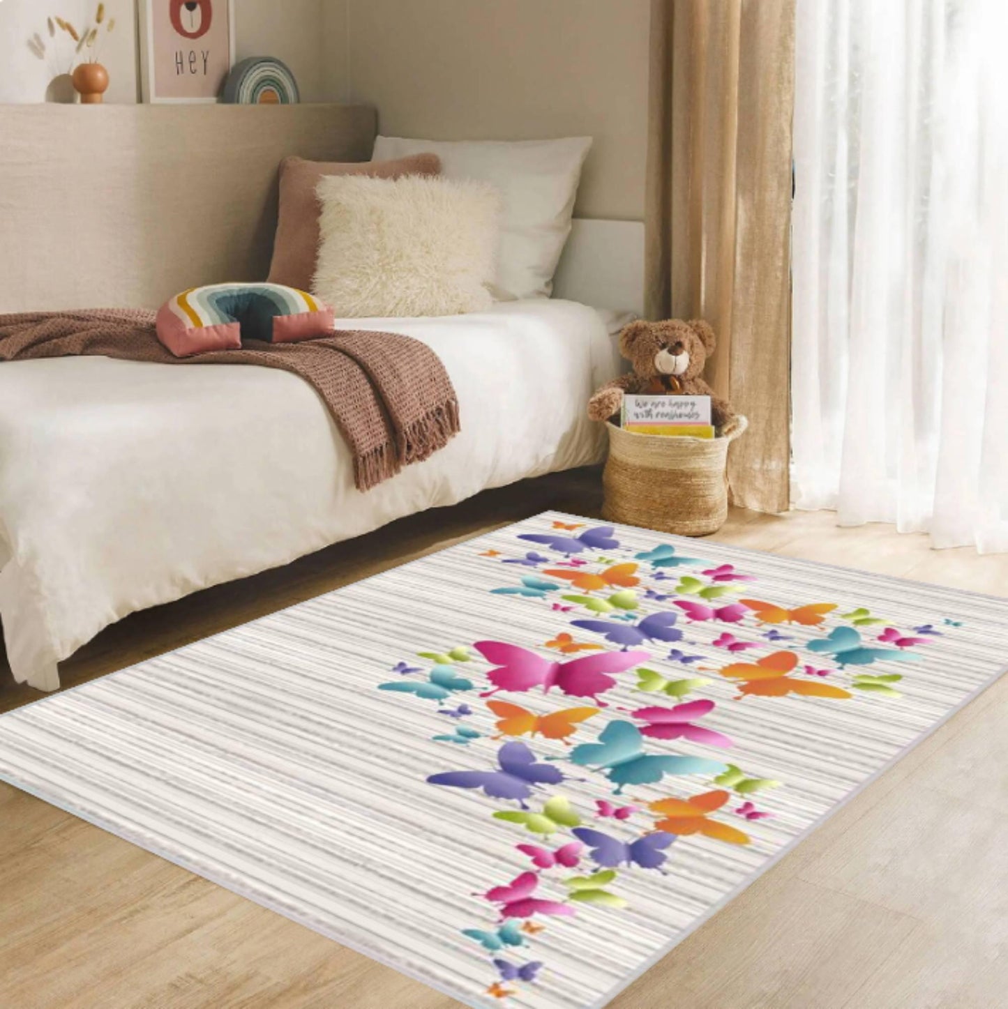 Butterfly Area Rug for Kids Room, Washable Non Slip Floor Carpet, Colorful Flying Butterflies Design, Nursery Playroom Bedroom Decor