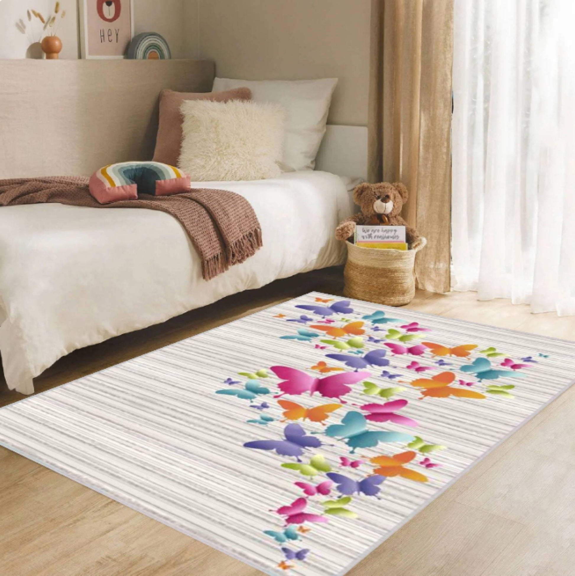 Butterfly Area Rug for Kids Room, Washable Non Slip Floor Carpet, Colorful Flying Butterflies Design, Nursery Playroom Bedroom Decor