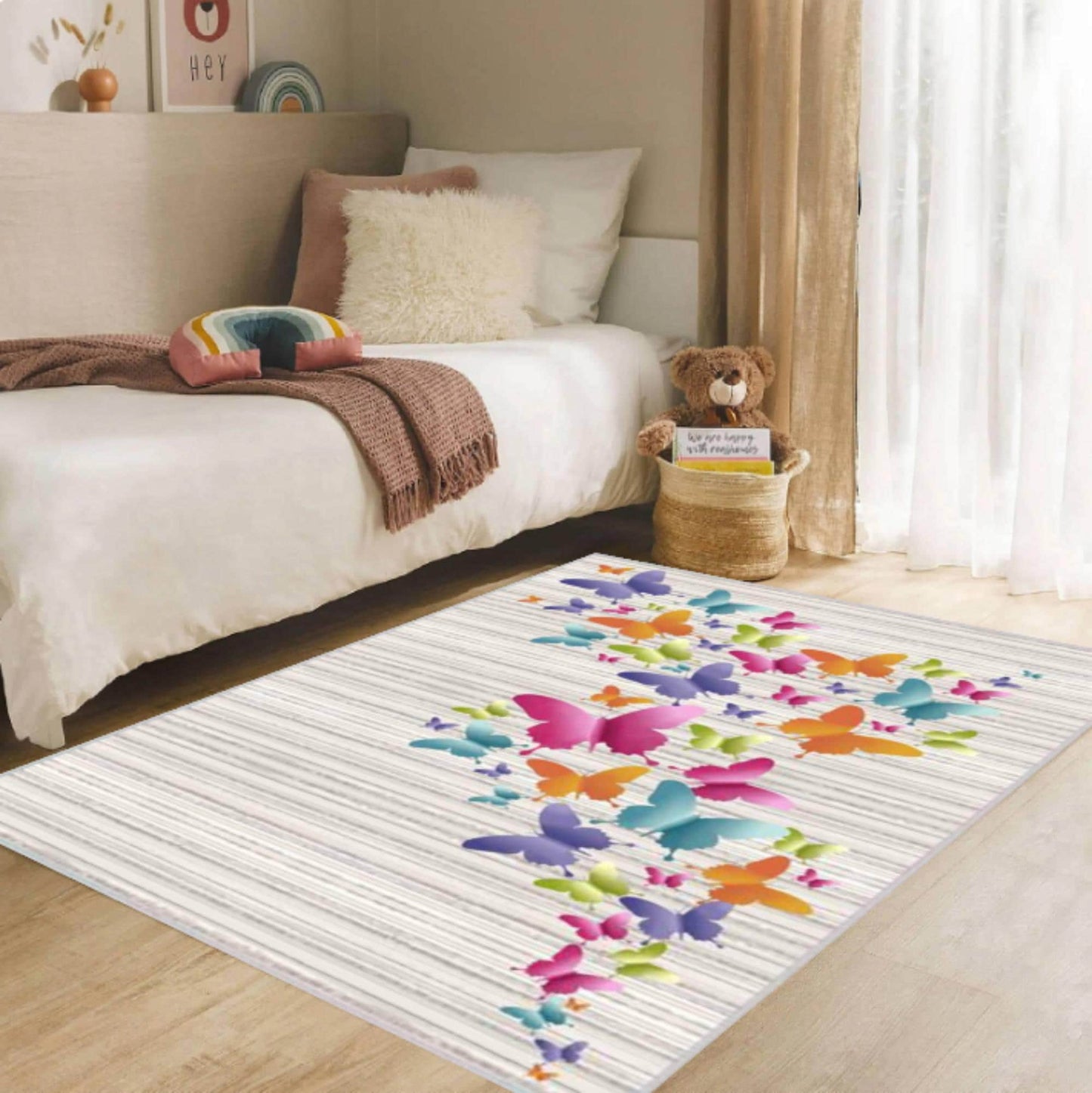 Colorful Butterfly Kids Rug - Washable Non-Slip Floor Rug