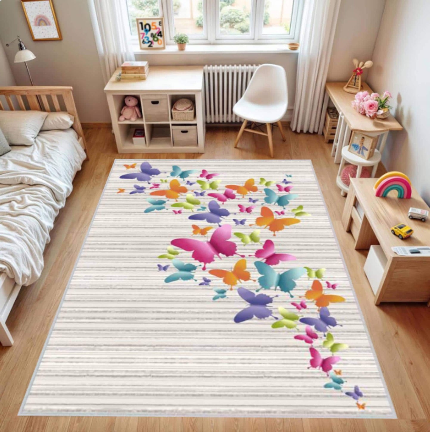 Colorful Butterfly Kids Rug - Washable Non-Slip Floor Rug