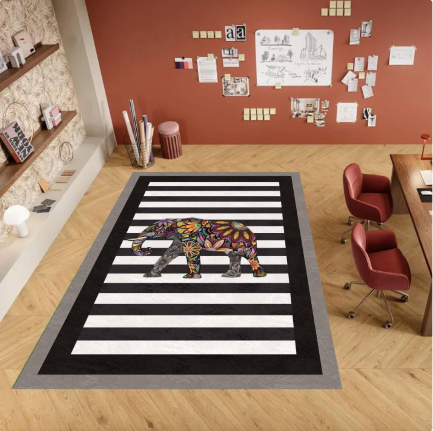 Colorful Rug Elephant Washable Non-slip Modern Rug Black White Striped