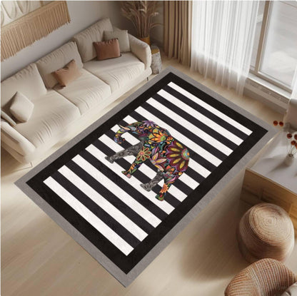 Colorful Rug Elephant Washable Non-slip Modern Rug Black White Striped
