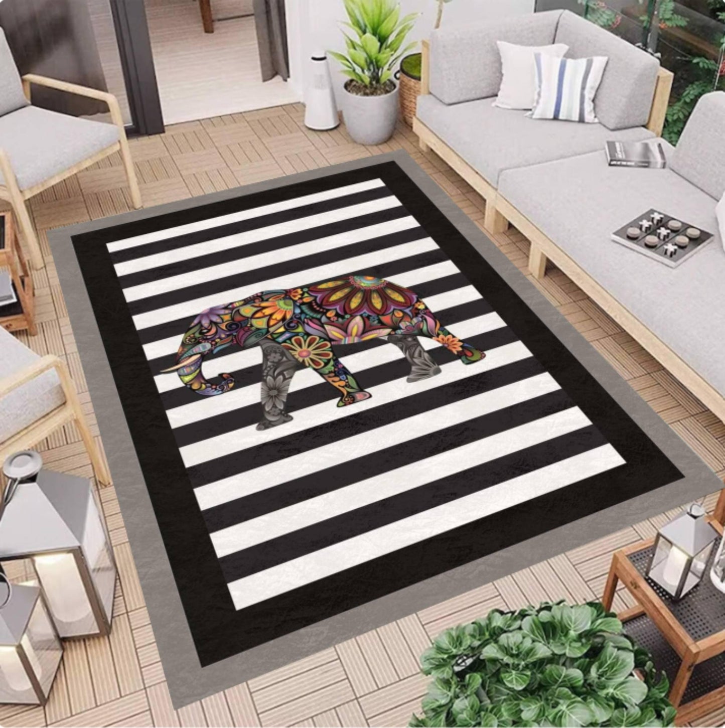 Colorful Rug Elephant Washable Non-slip Modern Rug Black White Striped
