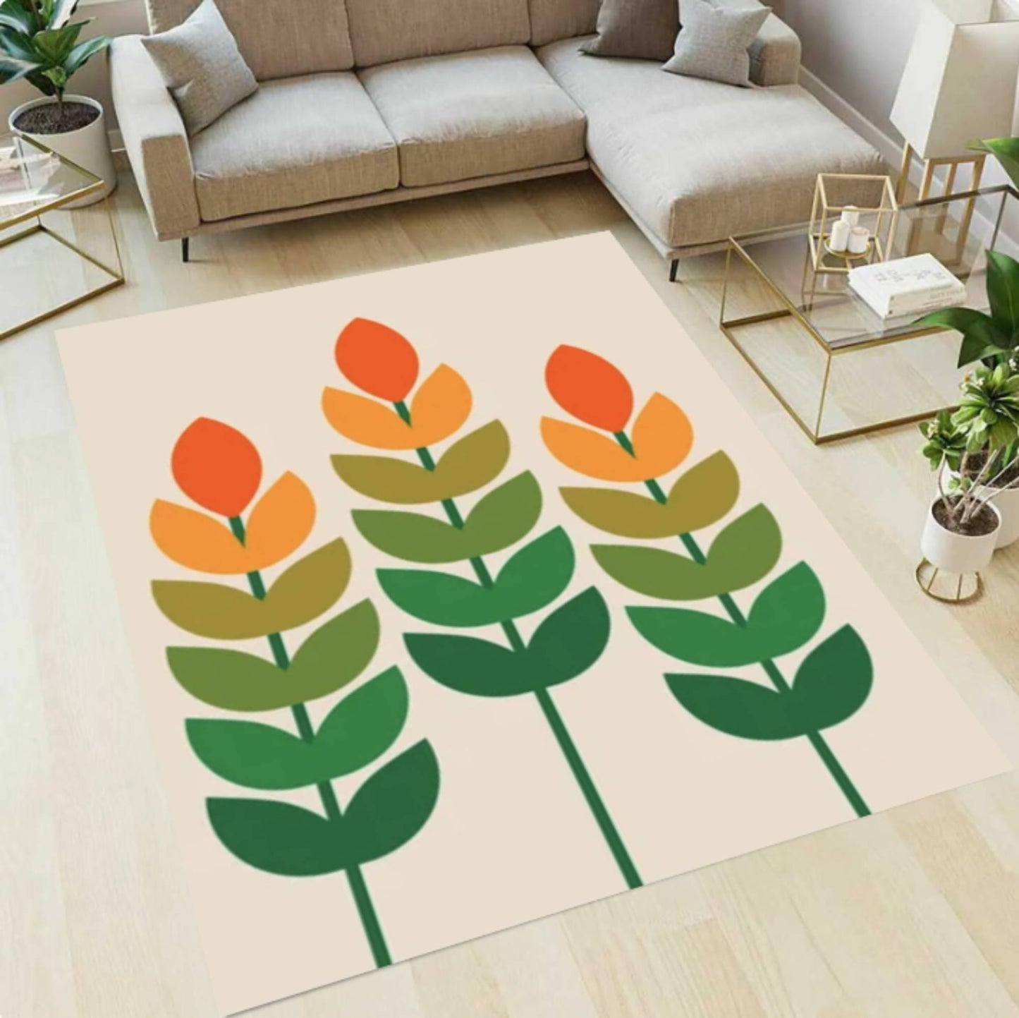 Mid-Century Floral Rug - Washable Non-Slip Floor Rug