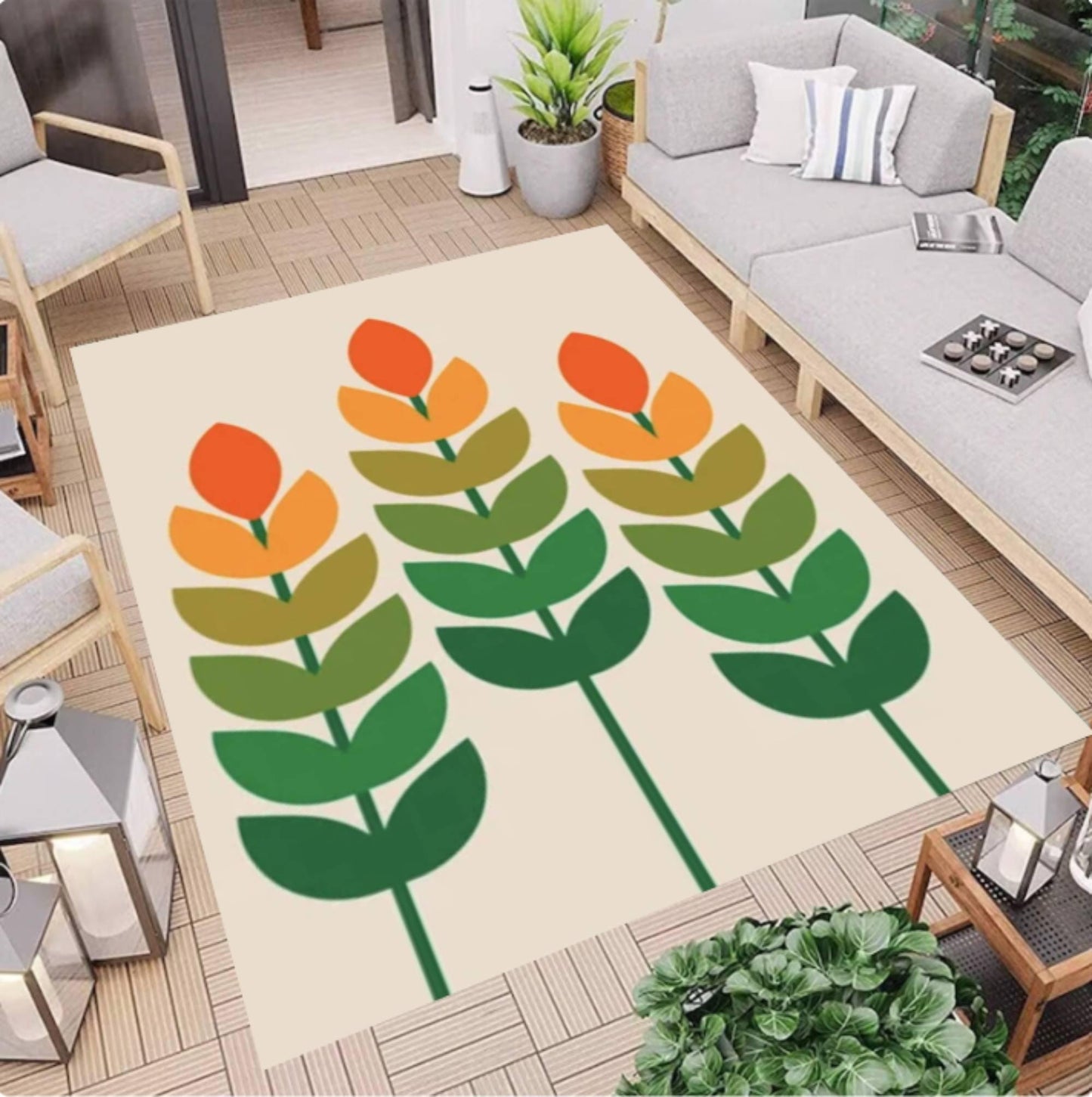 Mid-Century Floral Rug - Washable Non-Slip Floor Rug