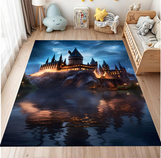 Decorative rug with castle design on a wooden floor in a room with toys and furniture.