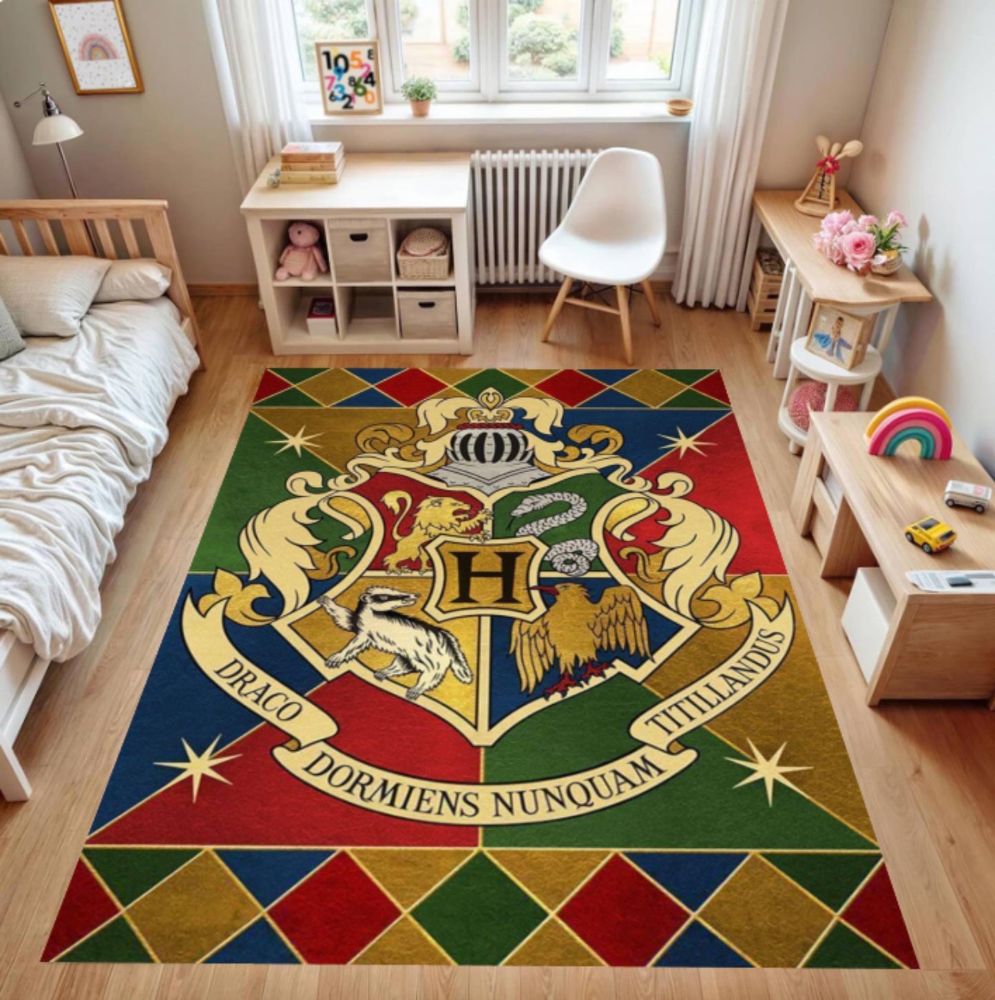 Magic School Emblem Kids Rug | Washable Fantasy Playroom Carpet