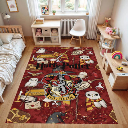 Harry Potter themed rug on a wooden floor in a room with furniture and decor.