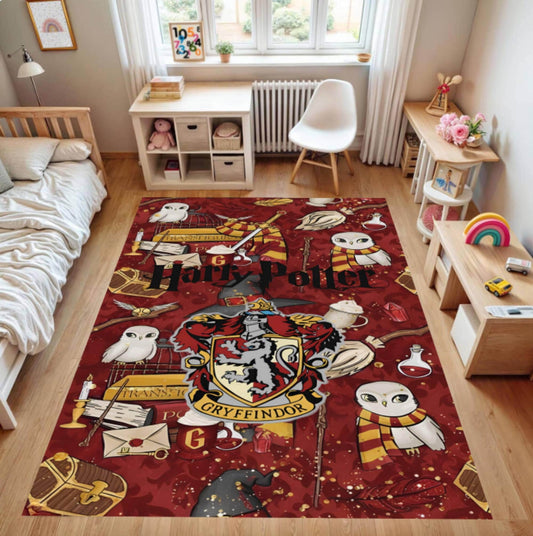 Harry Potter themed rug on a wooden floor in a room with furniture and decor.