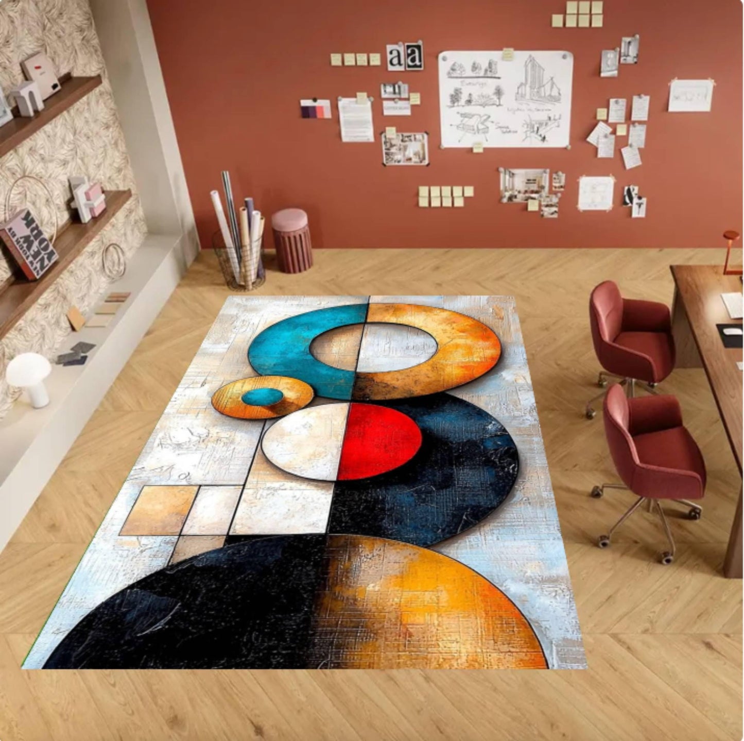 Modern Abstract Rug Geometric Colorful Circles Washable Non-slip Mat