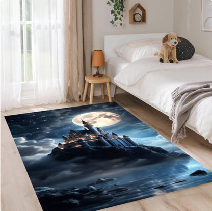 Fantasy Castle Washable Non-Slip Rug - Moonlight Night Castle Landscape