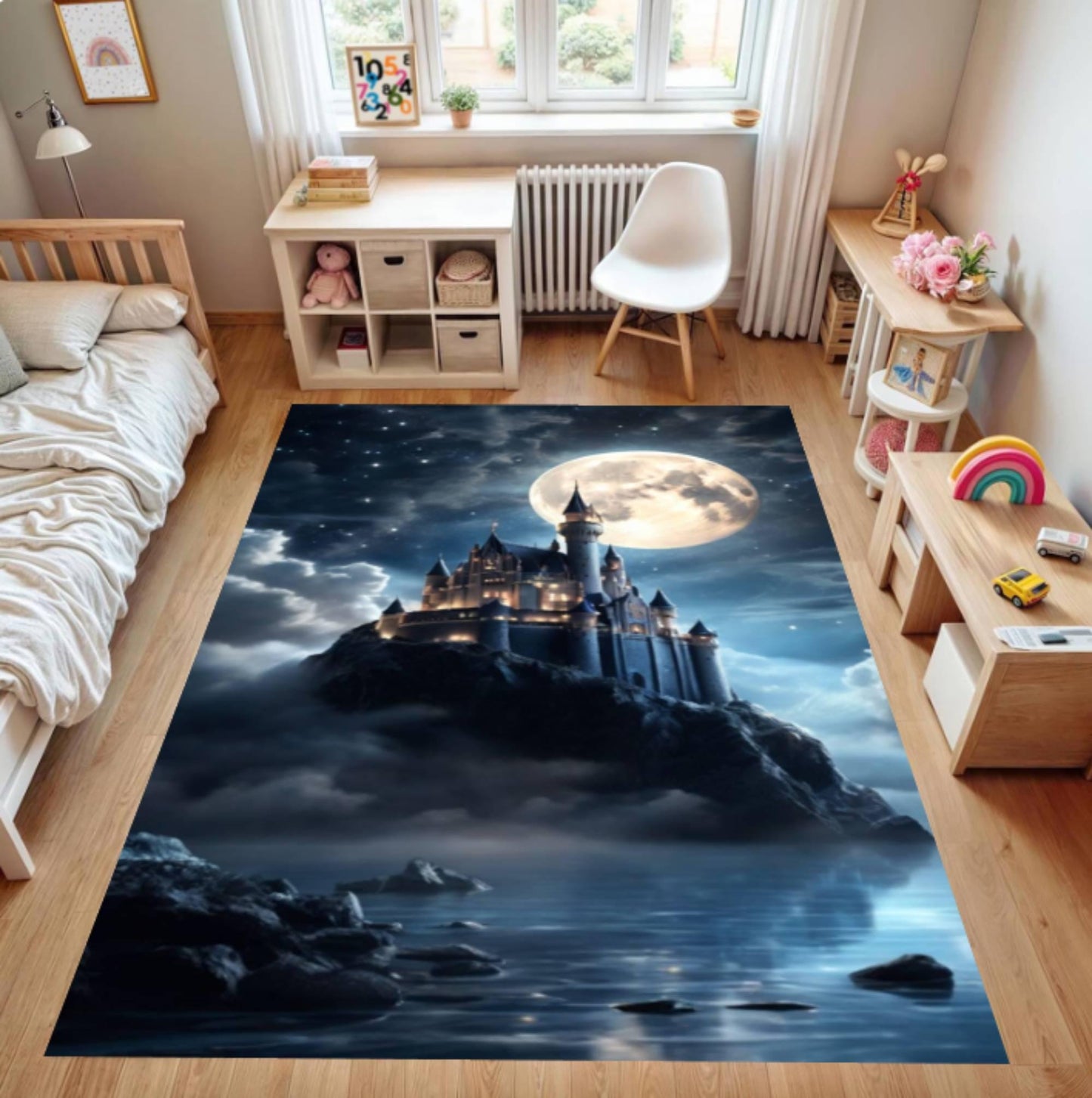 Fantasy Castle Area Rug, Washable Non Slip Floor Carpet, Moonlight Night Castle Landscape Design, Magical Kids Room Bedroom Decor