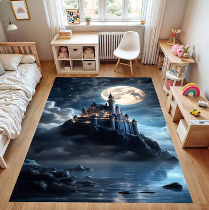 Fantasy Castle Area Rug, Washable Non Slip Floor Carpet, Moonlight Night Castle Landscape Design, Magical Kids Room Bedroom Decor