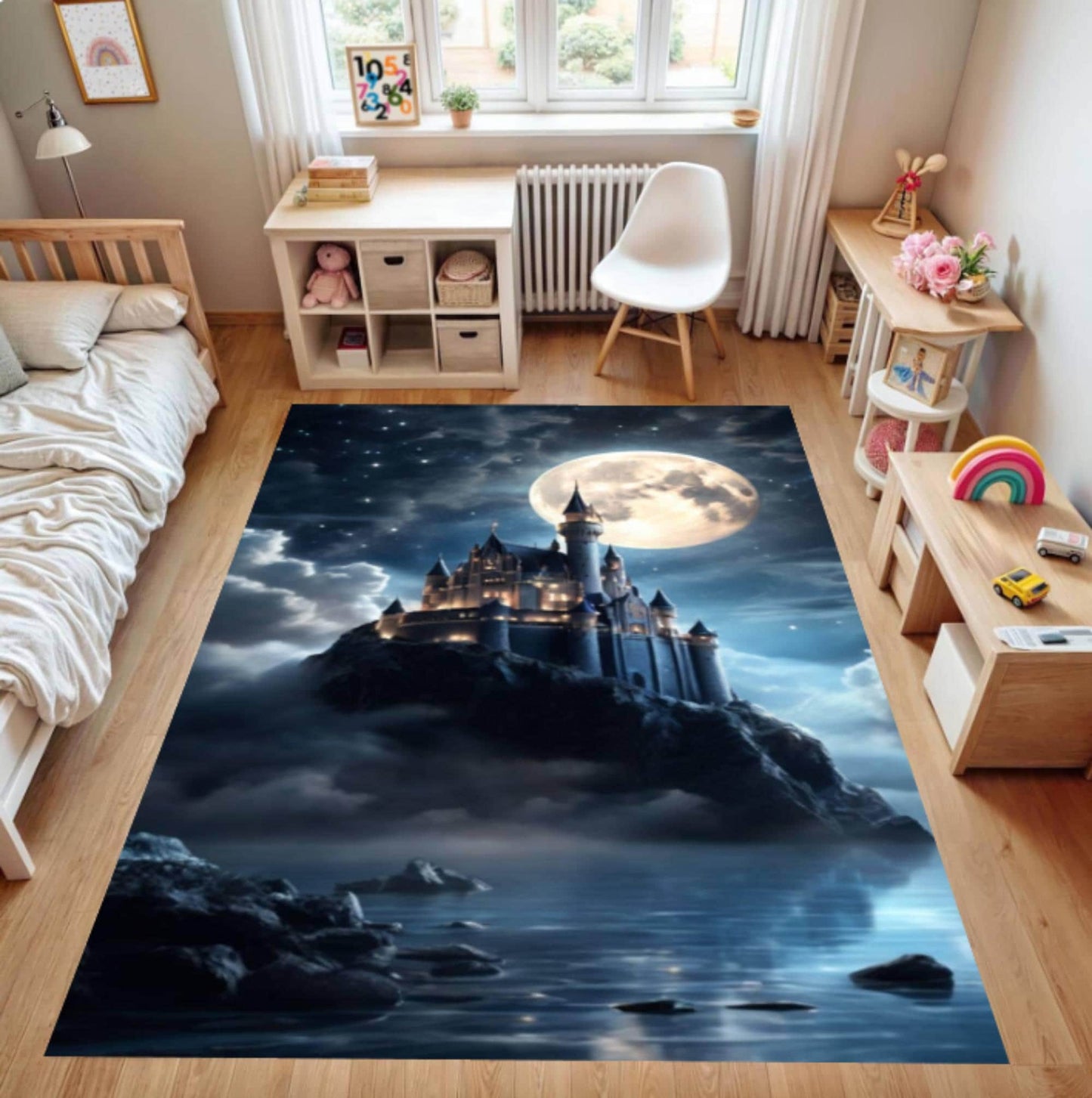 Fantasy Castle Washable Non-Slip Rug - Moonlight Night Castle Landscape