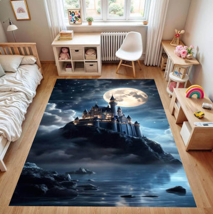 Fantasy Castle Washable Non-Slip Rug - Moonlight Night Castle Landscape