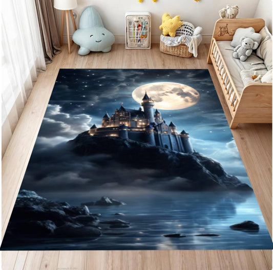 Rug with castle design in a room with toys and furniture