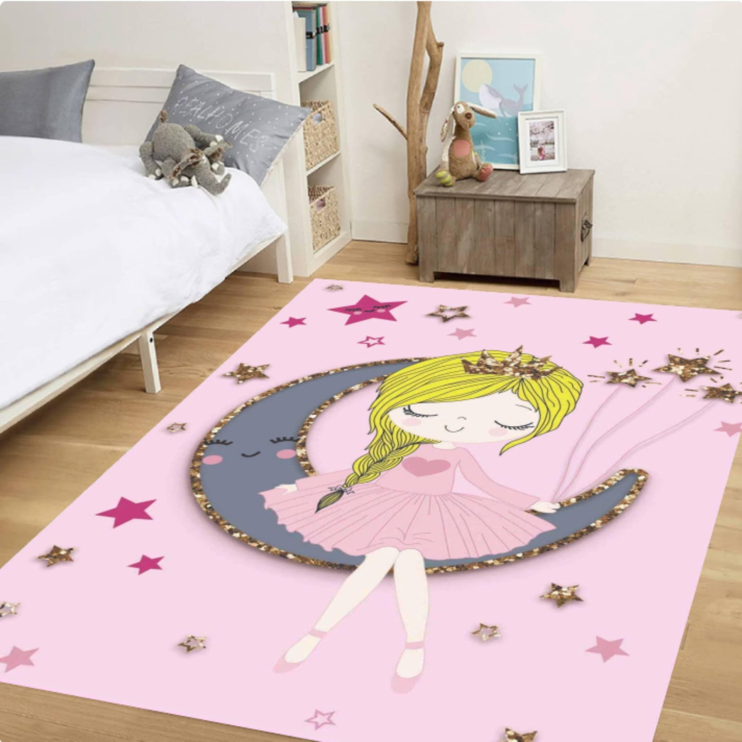 Princess Moon Pink Washable Non-slip Kids Room Rug