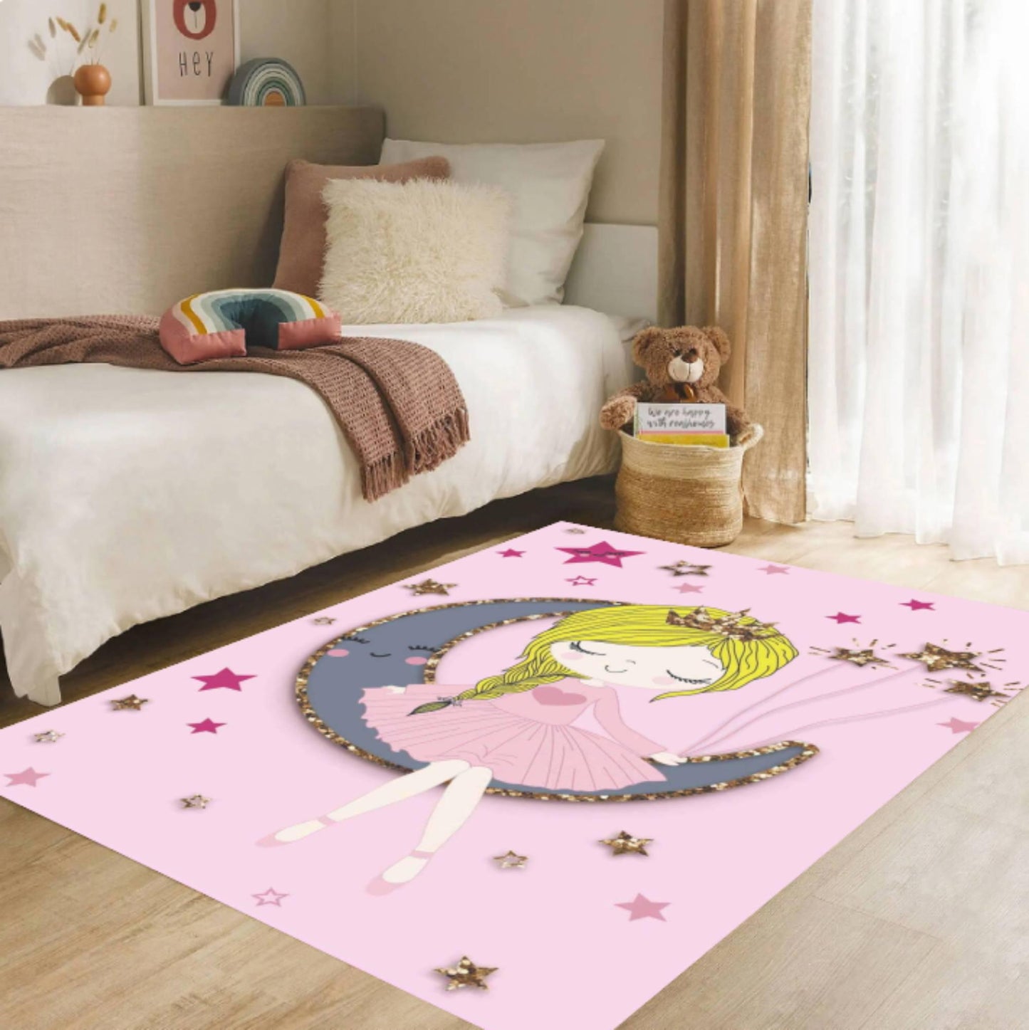 Princess Moon Pink Washable Non-slip Kids Room Rug