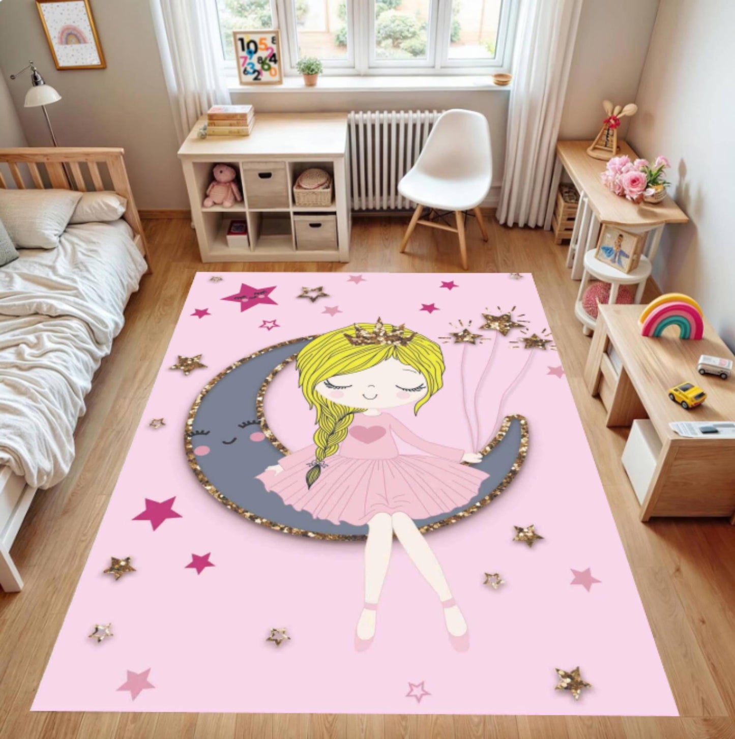 Princess Moon Pink Washable Non-slip Kids Room Rug