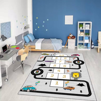 Kids Hopscotch Rug, Car Road Play Mat, Non Slip Nursery Carpet