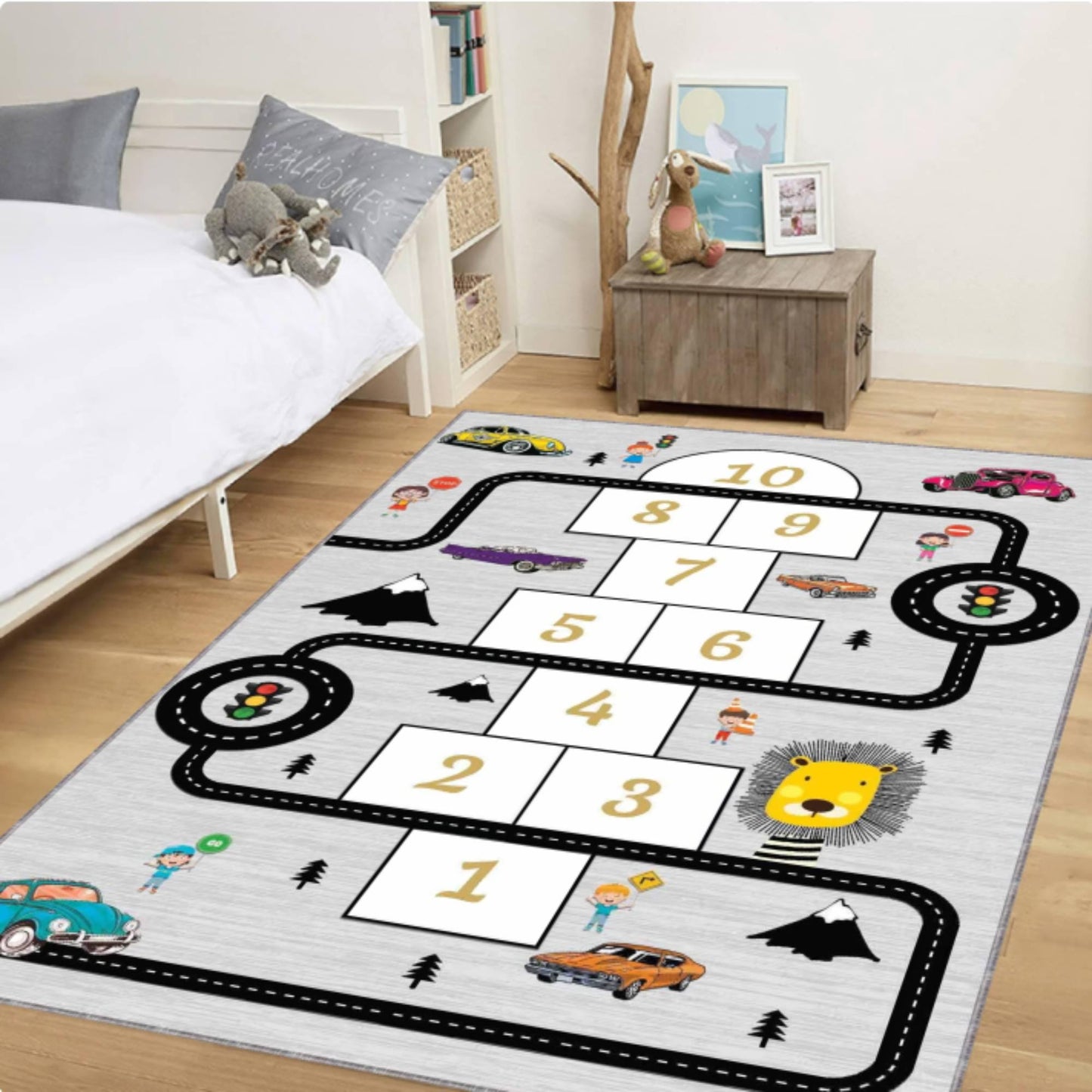 Kids Hopscotch Rug, Car Road Play Mat, Non Slip Nursery Carpet