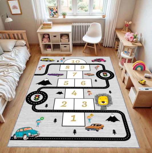 Kids Hopscotch Rug, Car Road Play Mat, Non Slip Nursery Carpet