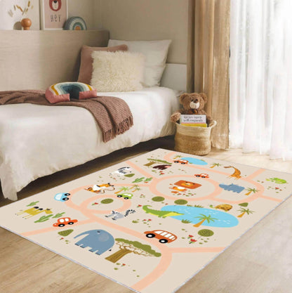 Kids Safari Road Play Rug, Washable Nursery Carpet