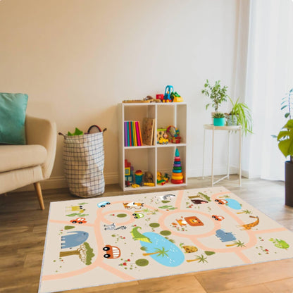 Kids Safari Road Play Rug, Washable Nursery Carpet