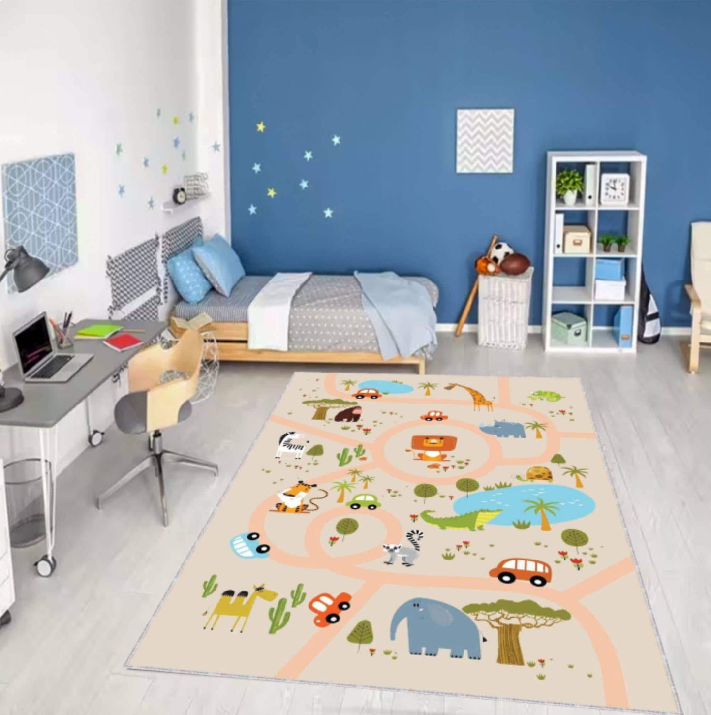 Kids Safari Road Play Rug, Washable Nursery Carpet