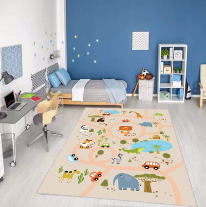 Kids Safari Road Play Rug, Washable Nursery Carpet