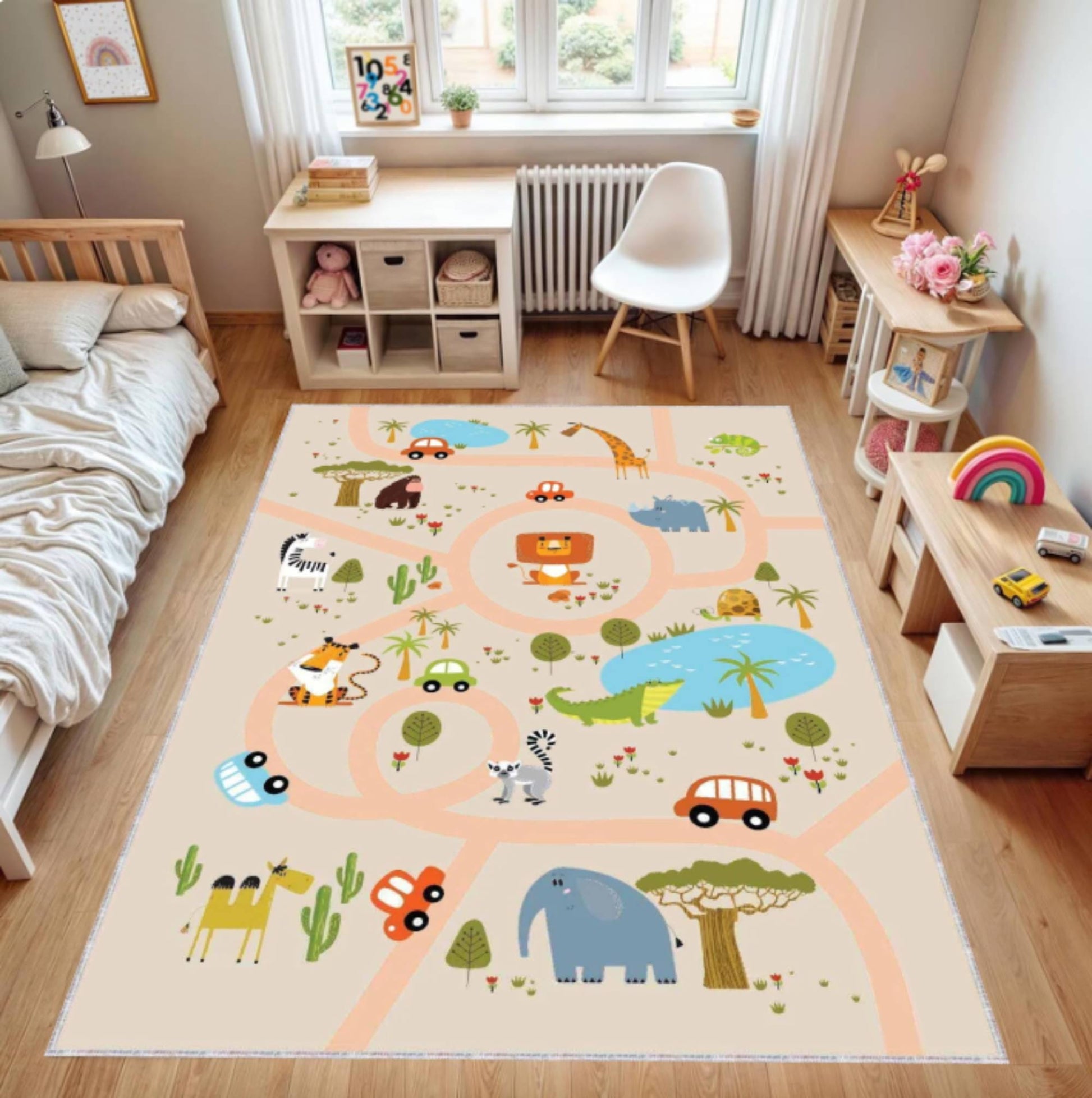 Kids Safari Road Play Rug, Washable Nursery Carpet