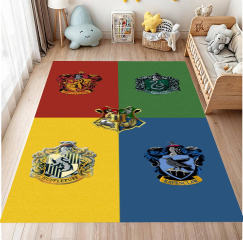 Colorful rug with Hogwarts house crests in a child's room