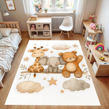 Safari Nursery Kids Rug – Giraffe &amp; Elephant Washable Non-Slip