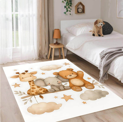 Safari Nursery Kids Rug – Giraffe &amp; Elephant Washable Non-Slip