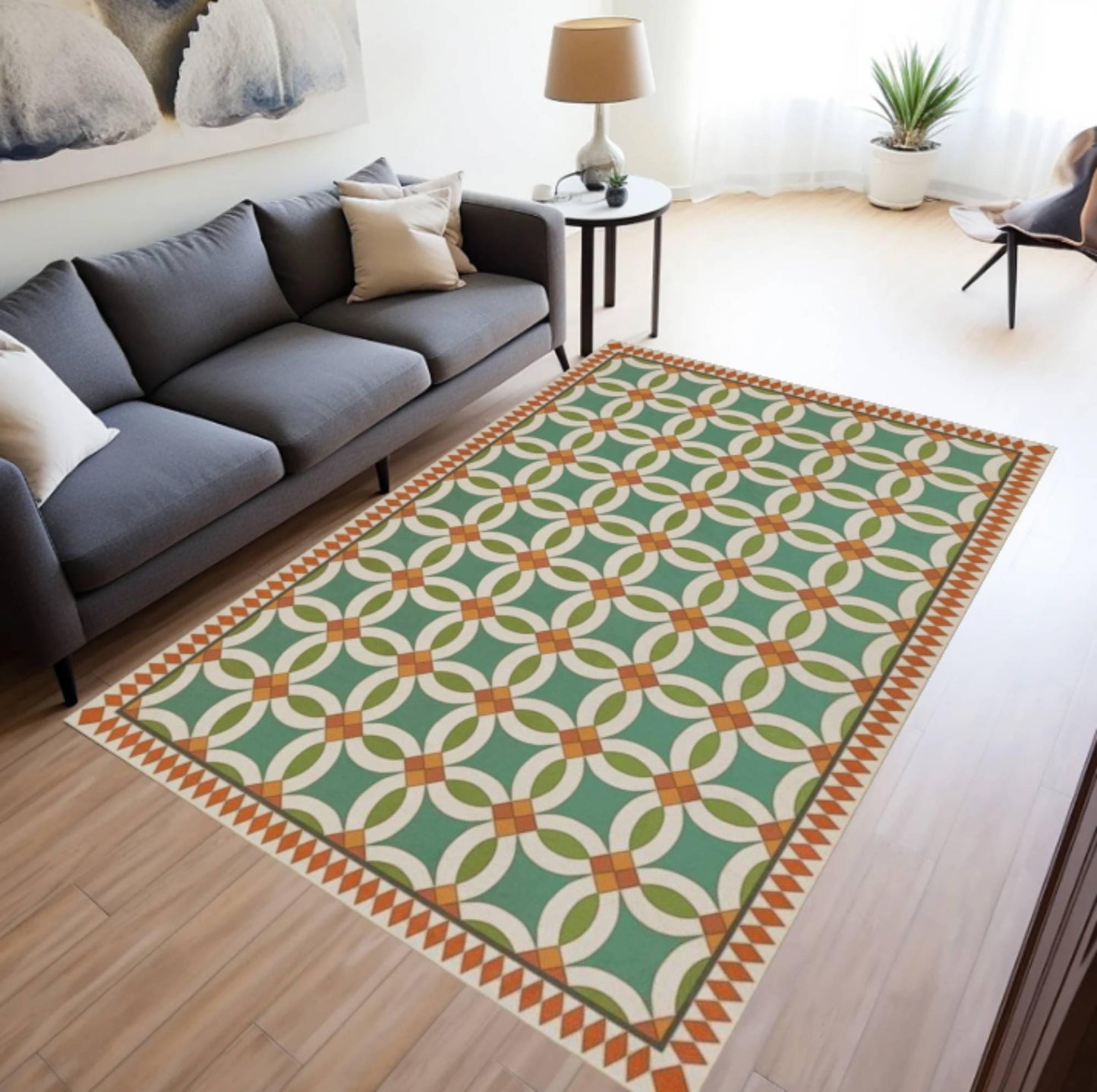 Green Geometric Tile Area Rug, Washable Non Slip Floor Carpet, Retro Pattern Inspired Design, Mediterranean Modern Living Room Decor