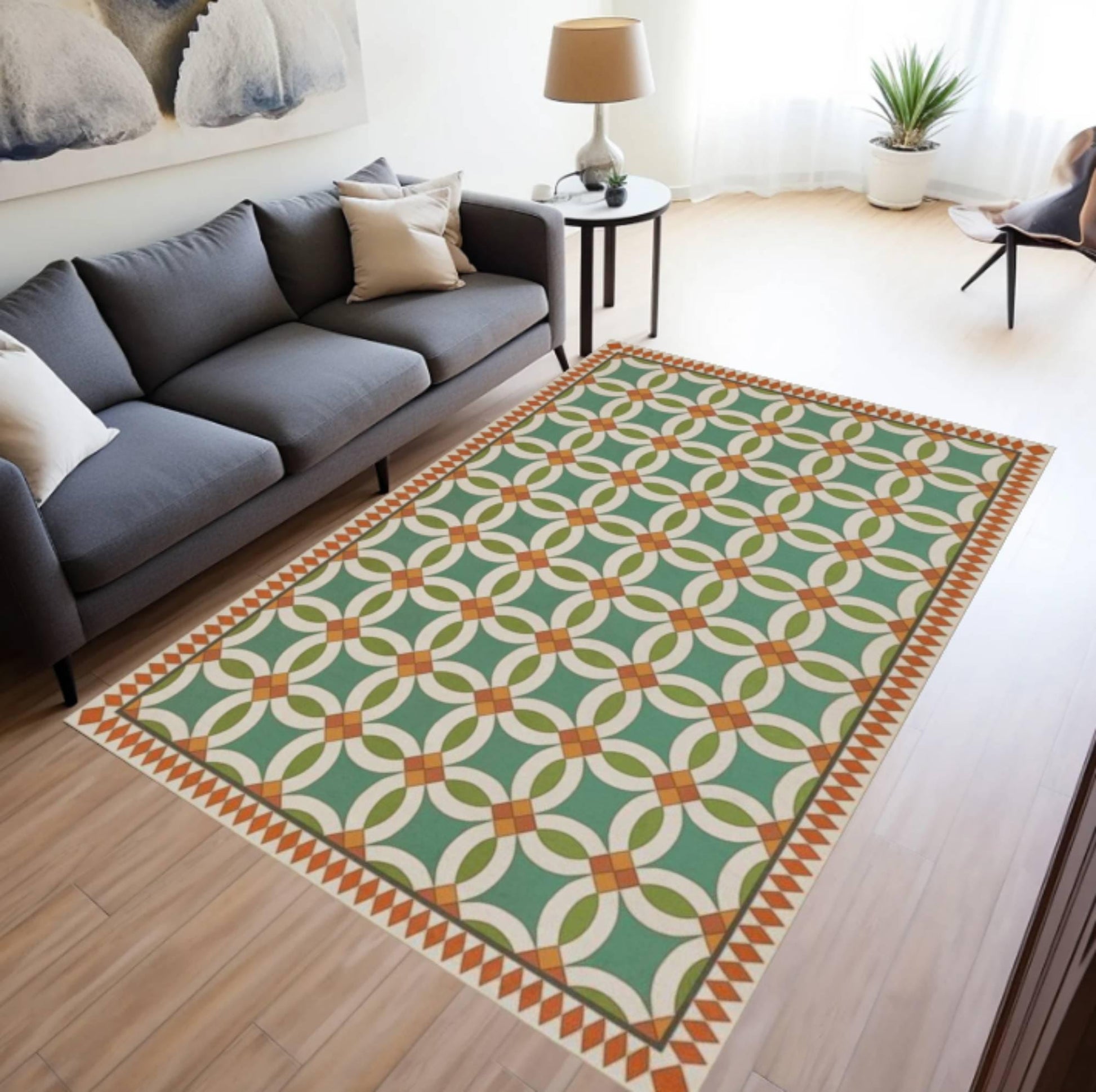 Green Geometric Tile Area Rug, Washable Non Slip Floor Carpet, Retro Pattern Inspired Design, Mediterranean Modern Living Room Decor