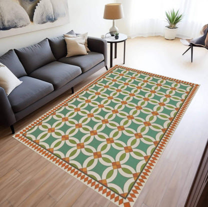 Green Geometric Tile Rug Washable Non-slip Floor Rug on Retro