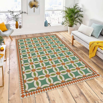 Green Geometric Tile Rug Washable Non-slip Floor Rug on Retro