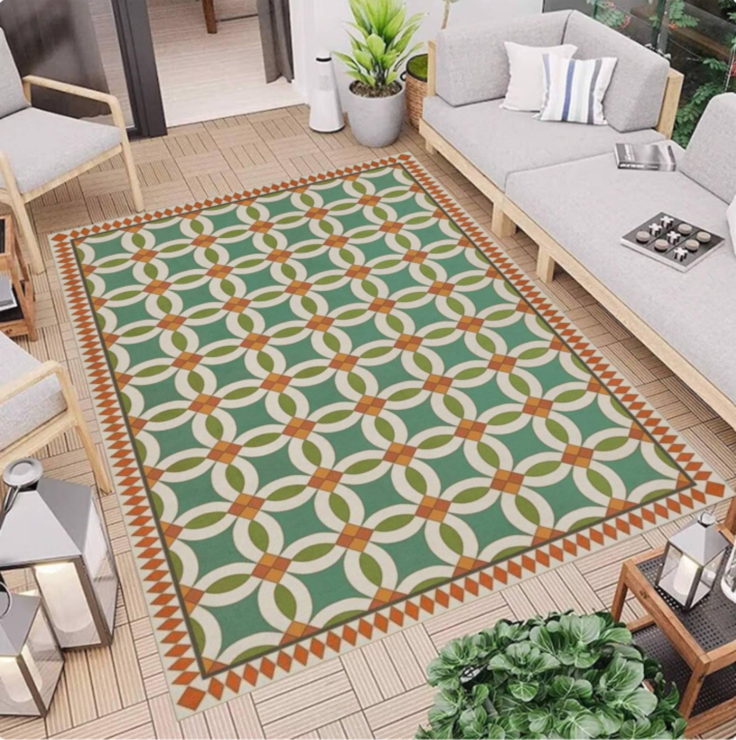 Green Geometric Tile Rug Washable Non-slip Floor Rug on Retro