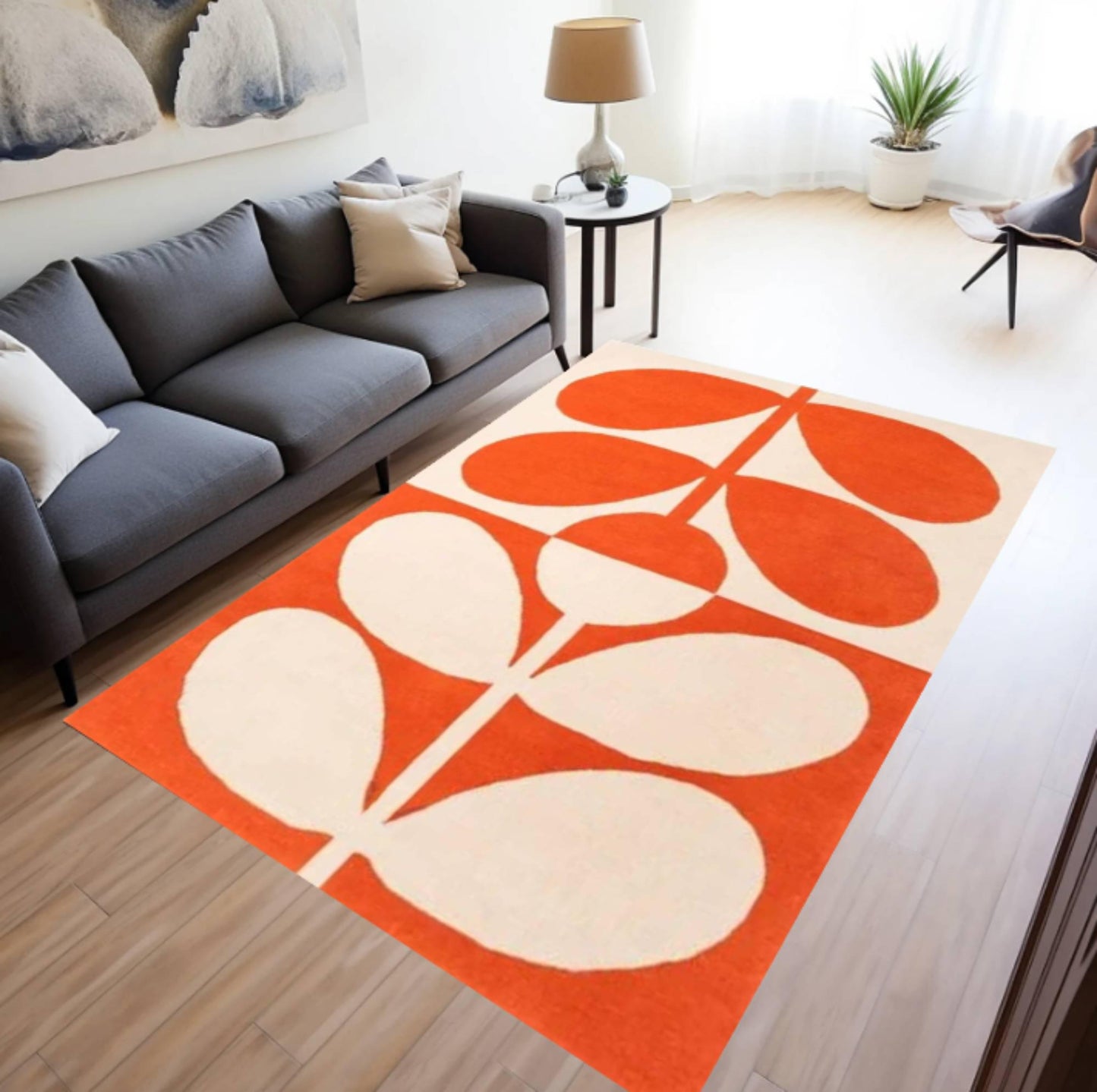 Mid-Century Modern Leaf Botanical Rug – Washable Non-Slip