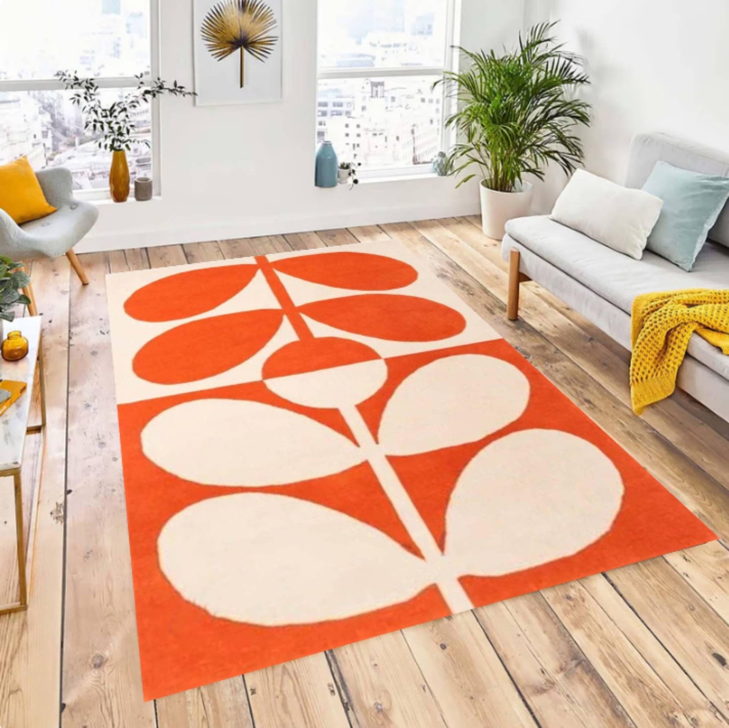Mid-Century Modern Leaf Botanical Rug – Washable Non-Slip