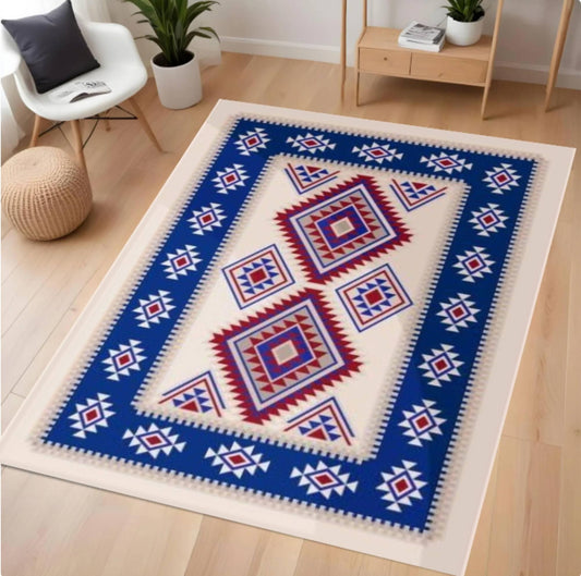 Decorative rug with geometric pattern on a wooden floor