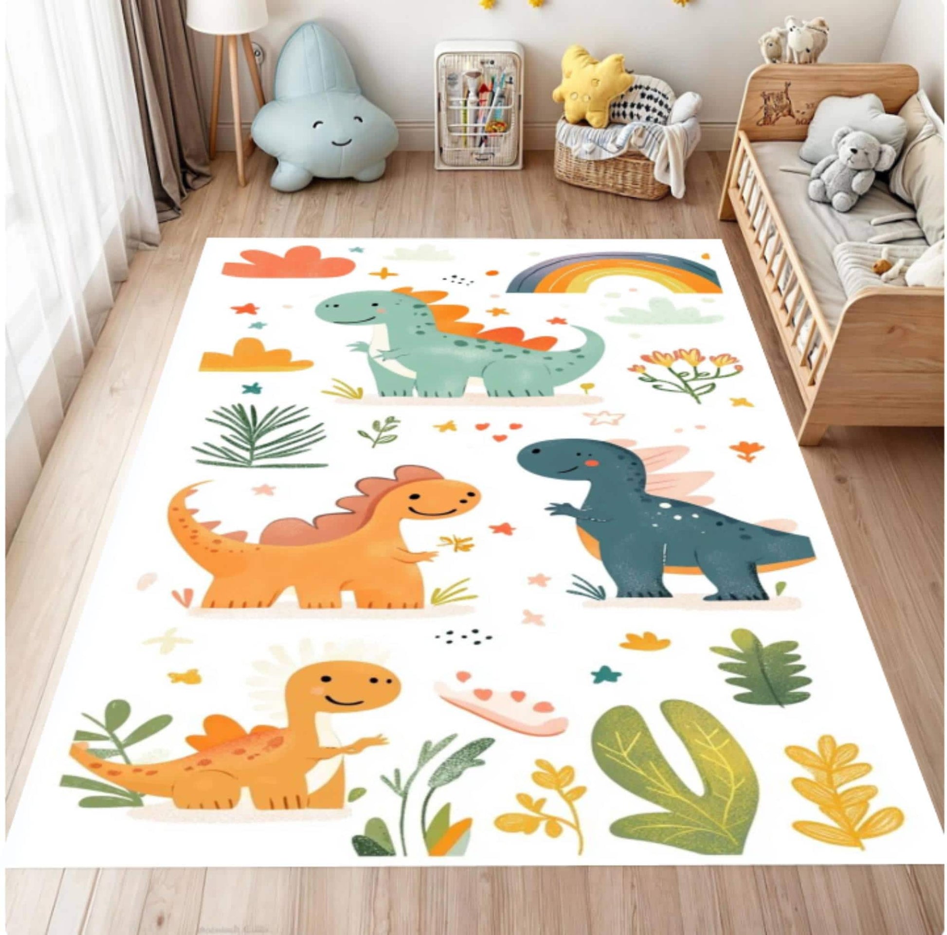 Children's room with a dinosaur-themed rug on the floor.