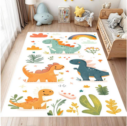 Children's room with a dinosaur-themed rug on the floor.